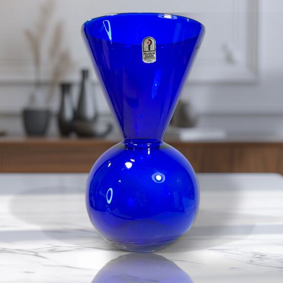 RARE- Vtg Pilgrim Glass 10" Hand Blown Cobalt Glass Vase-Mid Century Modern- - Picture 2 of 10